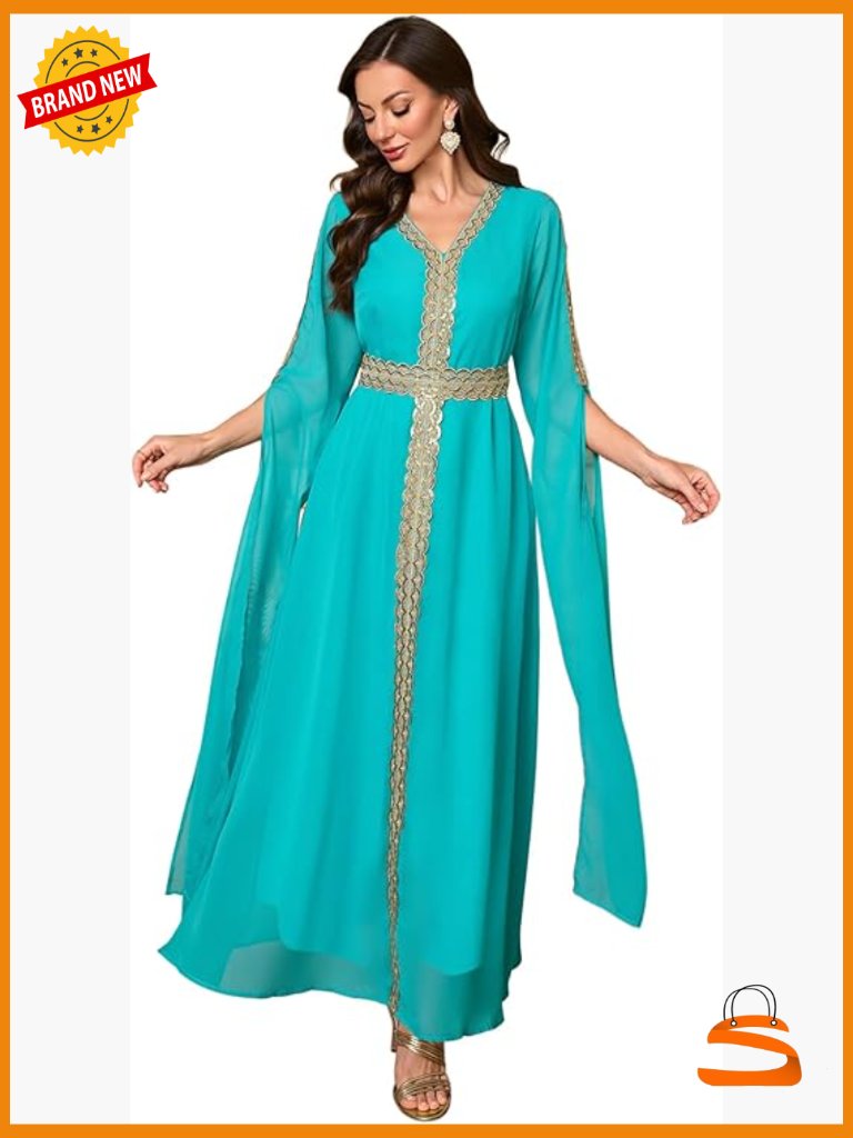 Moroccan Floral Maxi Kaftan Dress - Embroidery Abaya For Women Muslim Robe